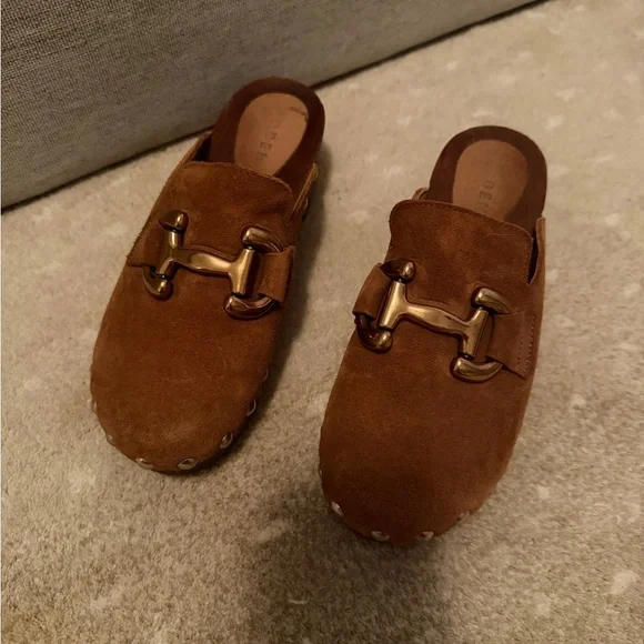 Boden Brown Suede Studded Clog Mules with Gold Bit - Picture 2 of 5